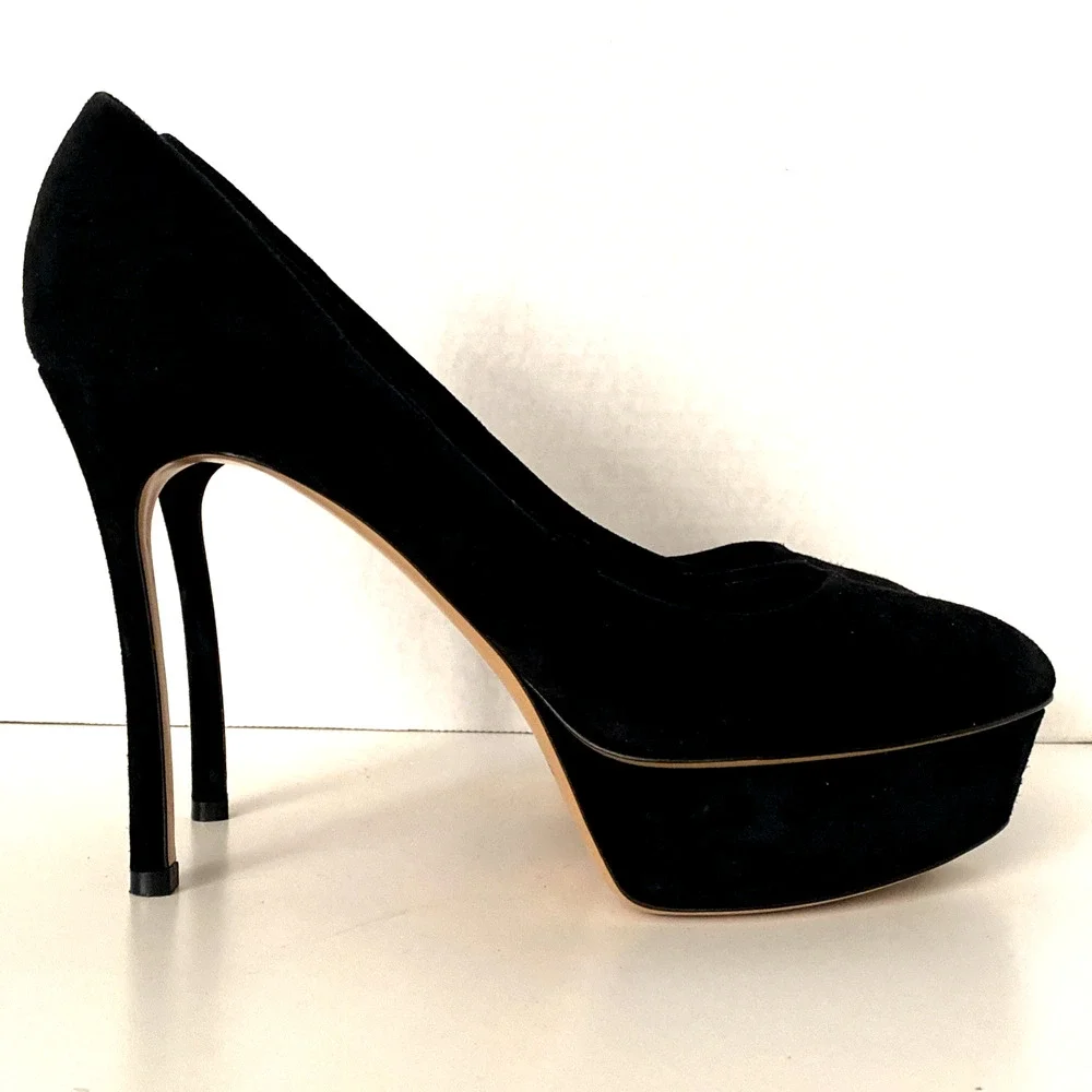 Casadei Flora Pump Black Suede Platform Almond Toe Slim Stiletto Heel 9.5 - Picture 5 of 11